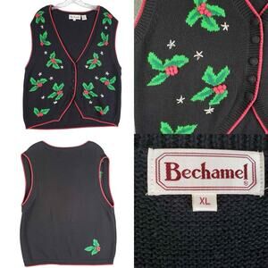 Bechamel Christmas Holiday Sweater Vest Black Size XL Mistletoe Knit Button